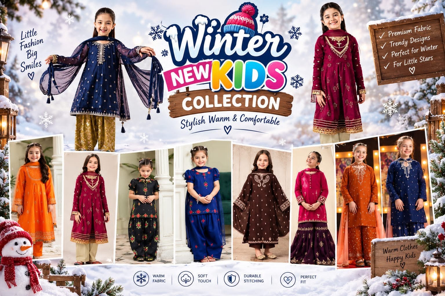 Maira B Winter New Kids Collection 2026 poster showing the eight kids Dhanak 3-piece designs